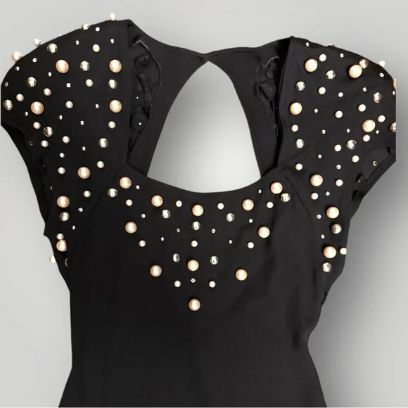 Vintage 1980s Eletra Casadei Pearl & Rhinestone Mini Black Dress -  Size Medium - Picture 3 of 10